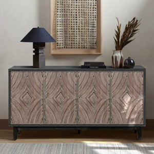 English Elm Mid Mid Century Sideboard showcasing fluted masonry-style doors, solid wood legs, elegant storage console 64.96"L Antique brown W1445P173033