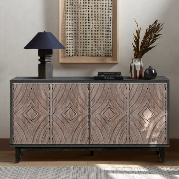 English Elm Mid Mid Century Sideboard showcasing fluted masonry-style doors, solid wood legs, elegant storage console 64.96"L Antique brown W1445P173033