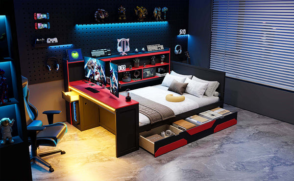 English Elm Full Size Gaming Bed Frame with Desk Led Lights Storage Drawers and Charging Station Black+Red LP000289AAJ