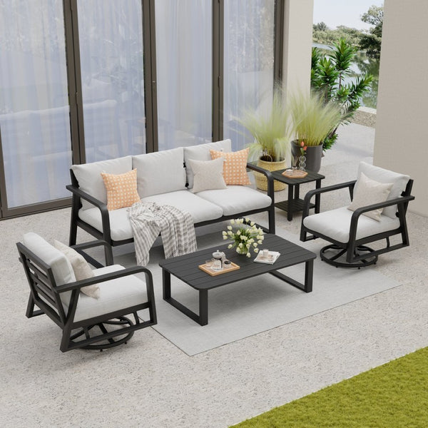 English Elm Fr Outdoor 5 Piece Aluminum Patio Set with Swivel Rockers and Dual Coffee Tables W5382S00019