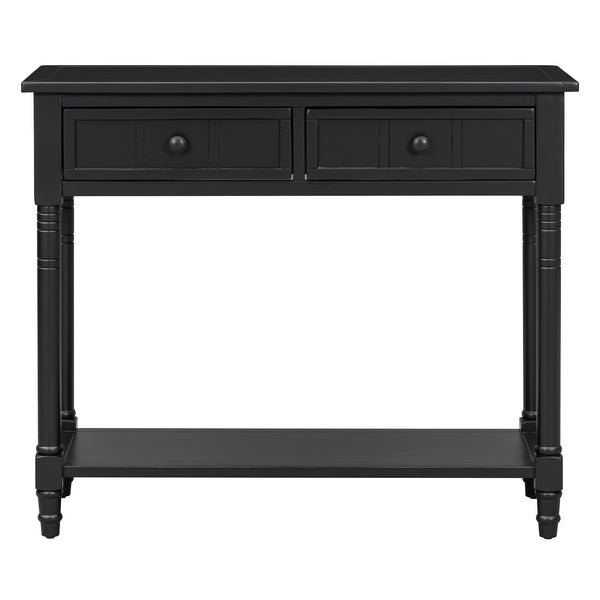 English Elm TREXM Daisy Series Console Table with Two Drawers and Bottom Shelf Vintage-Inspired Pine Accent Piece Black N715P364059B