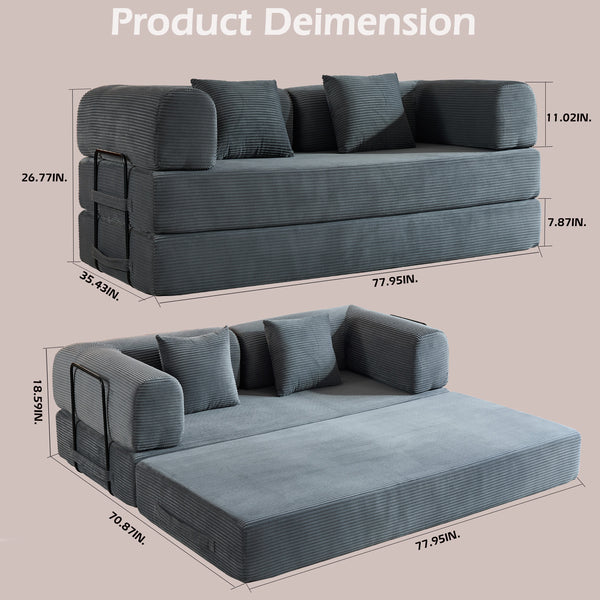 English Elm Convertible Sleeper Sofa Bed with Corduroy Upholstery, 4‑in‑1 Folding Couch Mattress, Space‑Saving Lounge Gray W3434P346243