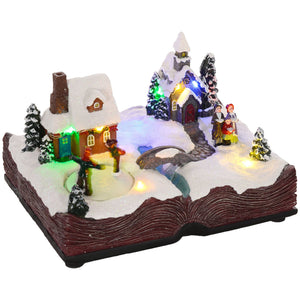 English Elm Homcom Illuminated Musical Christmas Village With Led Lights, Skaters & Open Bible Base Decor W2225P249704