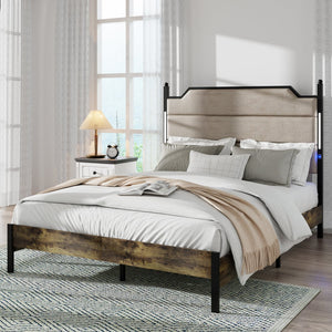 English Elm Queen Upholstered Bed Frame with USB-C Charging, LED Touch Headboard, Wood Slats, Industrial Brown W636P195093