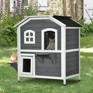 English Elm Pawhut 2-Story Weatherproof Cat House For Outdoor Felines With Escape Doors & Open Roof, Gray W2225P217566-GIGA