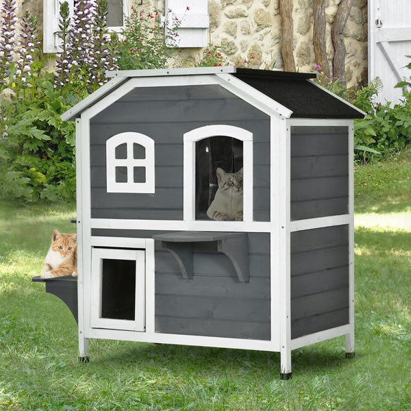 English Elm Pawhut 2-Story Weatherproof Cat House For Outdoor Felines With Escape Doors & Open Roof, Gray W2225P217566-GIGA