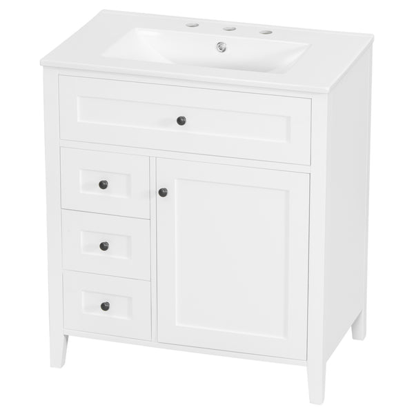 English Elm 30-Inch Contemporary Bathroom Vanity with Sink, MDF & Rubberwood, Glossy Finish, 3 Drawers + Cabinet White N725P350819K