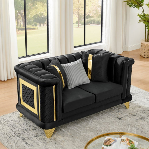 English Elm 69 Inch Velvet Tufted Loveseat Victorian Mid Century Glam Sofa with Gold Steel Frame W1191S00107