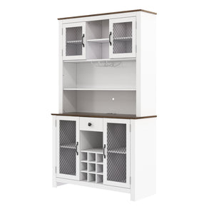 English Elm 70.9" Farmhouse Hutch Pantry with Led Lighting Wine Rack Mesh Doors and Built-in Power White CH361426AAK
