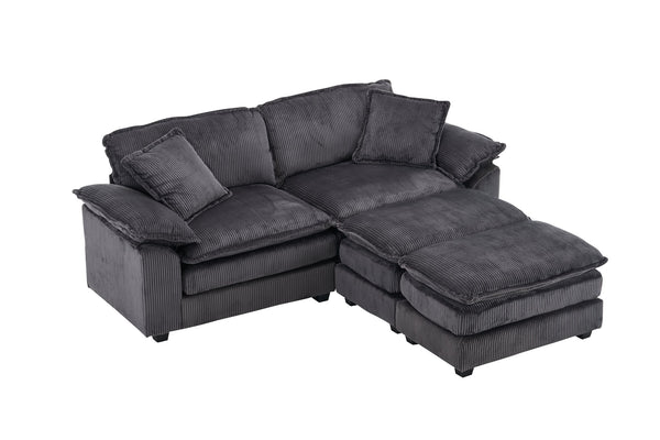 English Elm Corduroy Plush 2-Seat Sofa with 2 Back Cushions, Toss Pillows & Ottomans — Deep Seat Comfort Grey W2363S00064