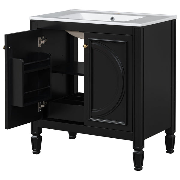 English Elm Christopher Knight Home® - 30" Bathroom Vanity with Sink Vintage Freestanding Ceramic Top Soft-Close Doors Gold Knobs, Storage Black N759P226000B