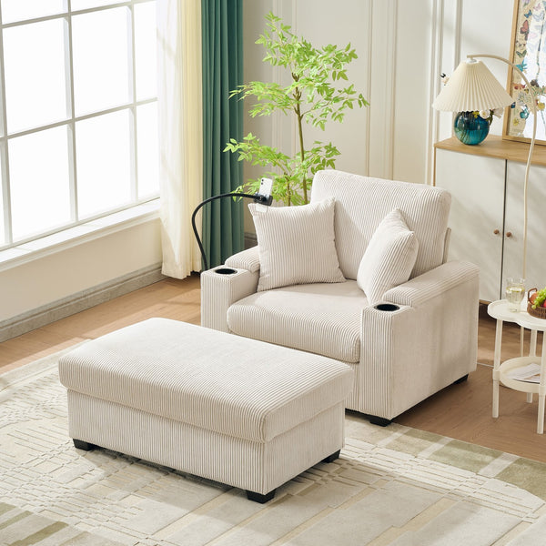 English Elm 55" Oversized Chaise Lounge Chair With Ottoman & Storage - Cozy Corduroy Recliner With Usb Port & Cup Holder W3373P328964