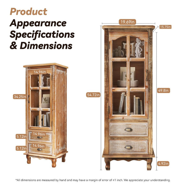 English Elm Rustic Solid Wood Tall Narrow Cabinet with Cutout Door Two Drawers Farmhouse Storage Ancient White W2295P457186