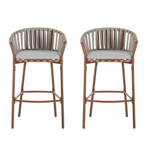 English Elm Christopher Knight Home® - Lodi Teak Outdoor Metal Rope Barstools Set of 2 — Beige Weather-Resistant Fabric, Ergonomic Fan Back N775P268025T