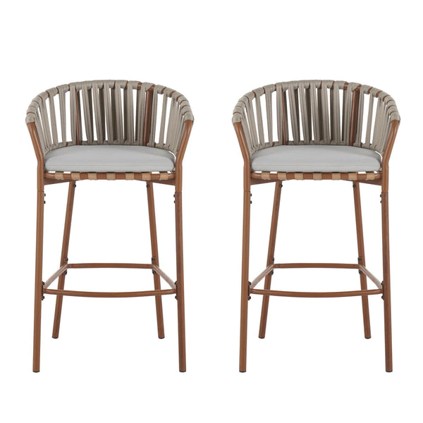 English Elm Christopher Knight Home® - Lodi Teak Outdoor Metal Rope Barstools Set of 2 — Beige Weather-Resistant Fabric, Ergonomic Fan Back N775P268025T