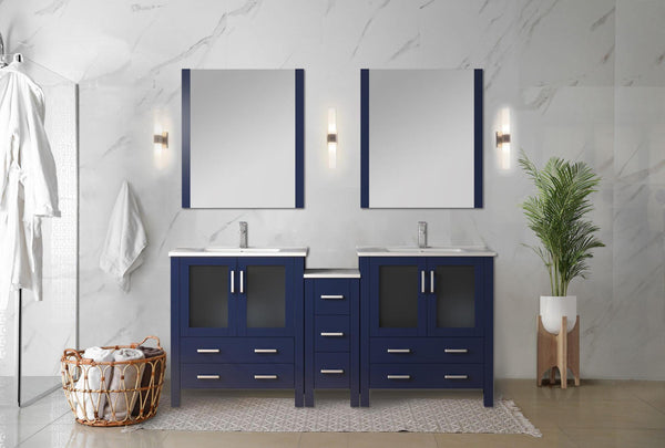 English Elm Navy 72 in Double Bath Vanity with Side Cabinet, Solid Wood, Soft-Close Drawers, Ceramic Top Durable B2731S00614