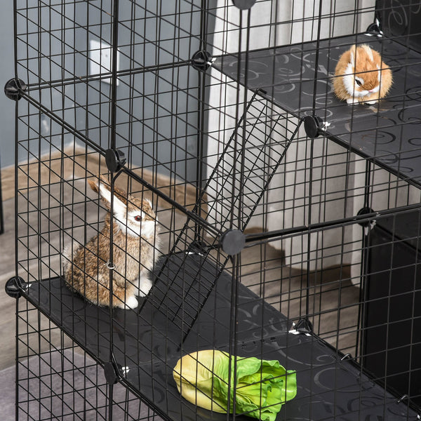 English Elm PawHut Modular Small Animal Playpen 56-Panel Metal Cage with Ramps, 3 Doors & Storage Shelf W2225P200757
