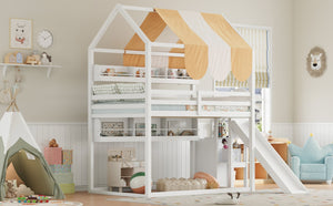 English Elm Full Size Wood Loft Bed with Canopy Slide and Built in Bookshelves for Kids White N7090005021K