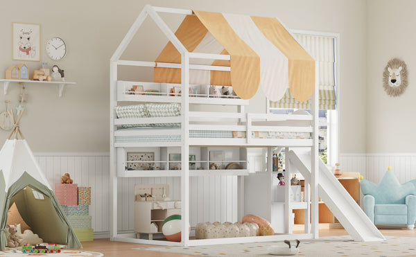 English Elm Full Size Wood Loft Bed with Canopy Slide and Built in Bookshelves for Kids White N7090005021K