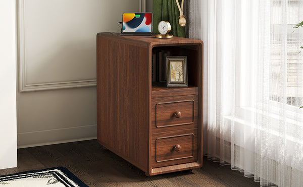 English Elm End Table With Charging Station, Ample Storage & Warm Walnut Finish For Bedroom Or Living Room W2593P289144