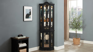 English Elm Lighted Corner Curio Cabinet With Adjustable Shelves & Integrated Lighting - Stylish Oak Display Solution W1758P300124