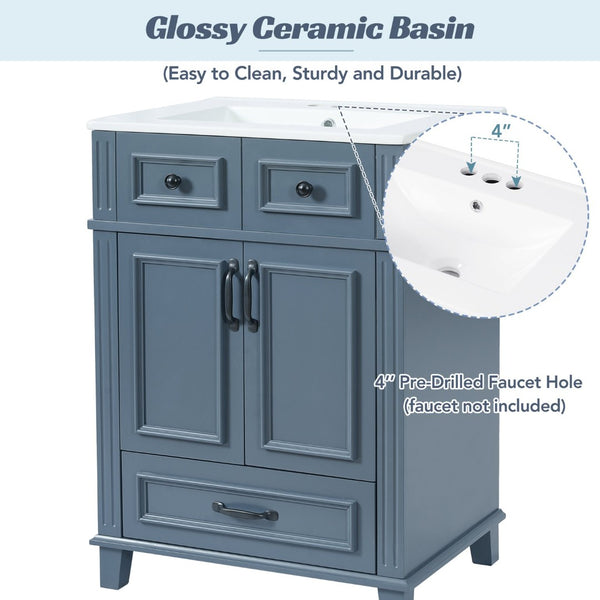 English Elm 24'' Retro Bathroom Vanity Solid Rubberwood Frame Ceramic Sink Soft Close Storage Blue N710P405405C