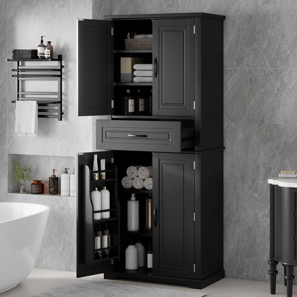 English Elm [video] Tall Matte Black Bathroom Cabinet with Drawer Adjustable Shelves and Door Racks N759P241667B