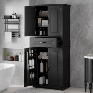 English Elm [video] Tall Matte Black Bathroom Cabinet with Drawer Adjustable Shelves and Door Racks N759P241667B