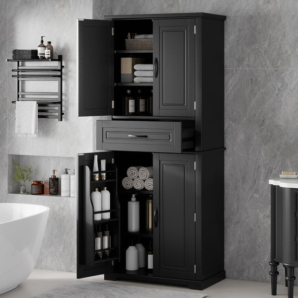 English Elm [video] Tall Matte Black Bathroom Cabinet with Drawer Adjustable Shelves and Door Racks N759P241667B