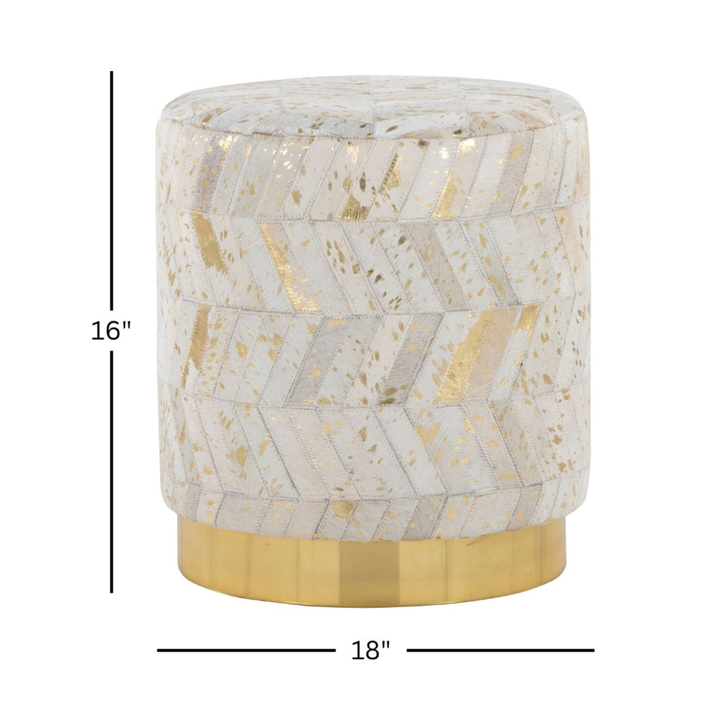 English Elm Leather Round Ottoman with Gold Splatter Faux Upholstery and Glam Metal Base B202P471512