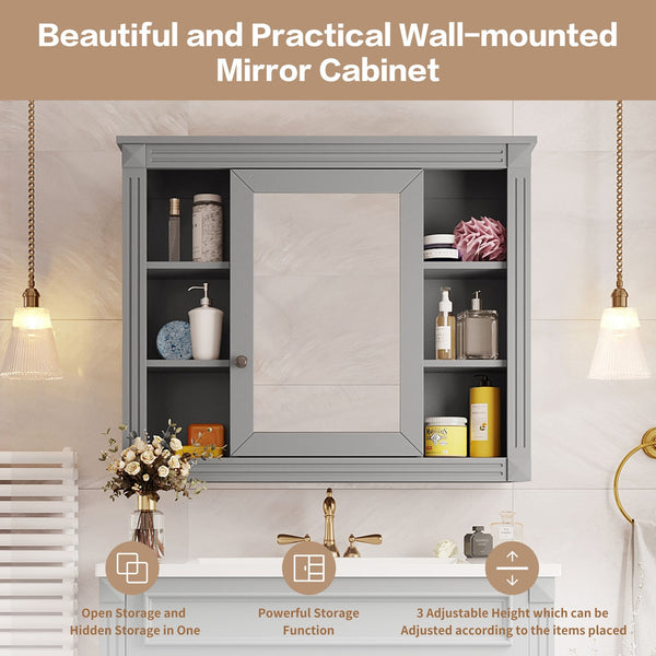 English Elm 35'' Modern Medicine Cabinet with Mirror and Towel Rod, MDF Wall-Mounted Bathroom Storage with Adjustable Shelves and Soft-Close Hinges Grey WF305081AAE