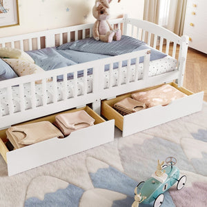 English Elm Twin Xl Kids Platform Bed Pine Wood Frame with Guardrails and Under Bed Storage White W1580P383111