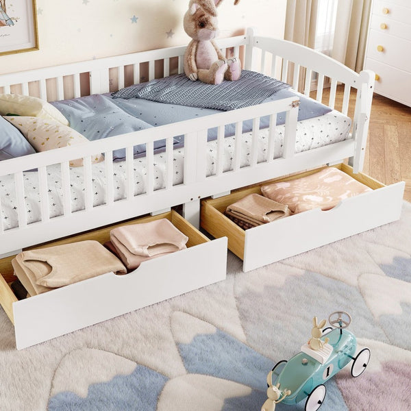 English Elm Twin Xl Kids Platform Bed Pine Wood Frame with Guardrails and Under Bed Storage White W1580P383111