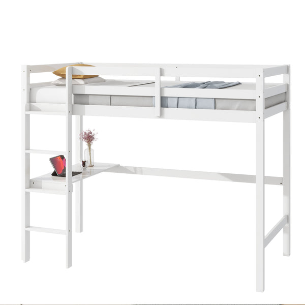 English Elm Twin High Loft Bed with Built-In Desk and Ladder — Space-Saving Rubberwood Study & Sleep Solution White W504P206979