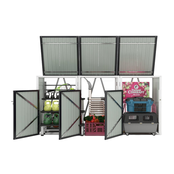 English Elm Garbage Bin Shed Galvanized Steel Enclosure Fits Three Cans with Lockable Waterproof Lid Dark Gray W1598P357716