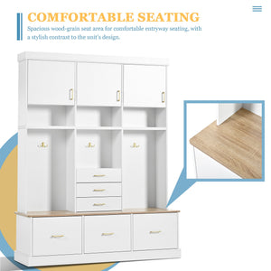 English Elm U-Can Multifunctional 75" Hall Tree with Bench, 3 Cabinets, 6 Drawers, Shelves & Anti-Tip Design White SJ000152AAK