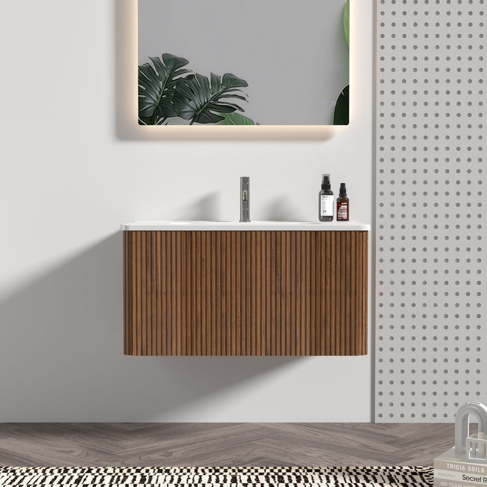 English Elm Etna 30" Striped Walnut Floating Vanity with White Ceramic Sink, Push-Open Drawer & U-Shaped Fitment W1865S00113