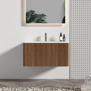 English Elm Etna 30" Striped Walnut Floating Vanity with White Ceramic Sink, Push-Open Drawer & U-Shaped Fitment W1865S00113