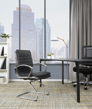 OSP Home Furnishings Guest Faux Leather Office Chair with Chrome Sled Base and Ergonomic Lumbar Support Black SPX23595C-U6
