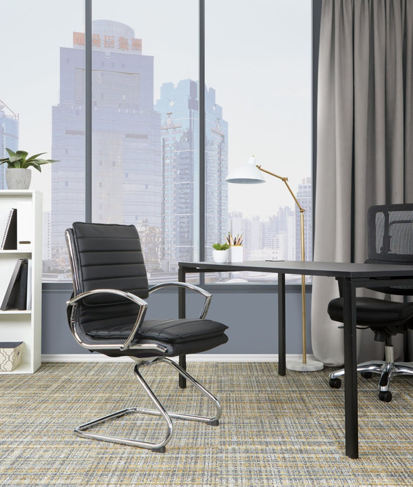 OSP Home Furnishings Guest Faux Leather Office Chair with Chrome Sled Base and Ergonomic Lumbar Support Black SPX23595C-U6