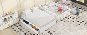 English Elm Full Size Pinewood Kids Daybed with Fence Rails Split Floor Bed and Storage Drawers White LP100882AAK