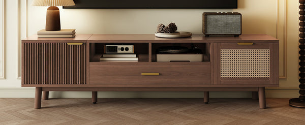 English Elm Wood TV Stand for 75" TVs with Rattan Drawers, Soft-Close Doors, Drop-Down Storage, Waterproof Finish N710P257619P