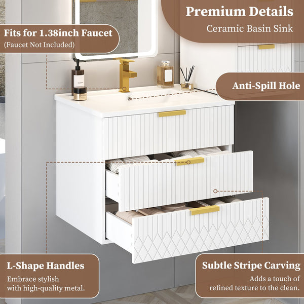 English Elm 24inch Bathroom Vanity with Ceramic Basin Sink, Wall-Mounted Double Drawer Cabinet for Small Baths White N710P324097K