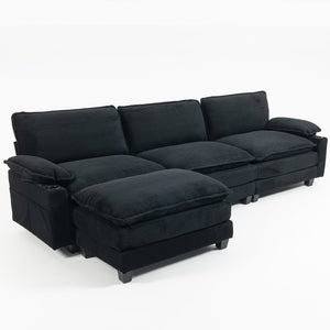 English Elm 113" Modern 3+1 L-Shaped Corduroy Sofa with Double-Layer Cushions, Cup Holders & Storage Bags Black W2715S00006
