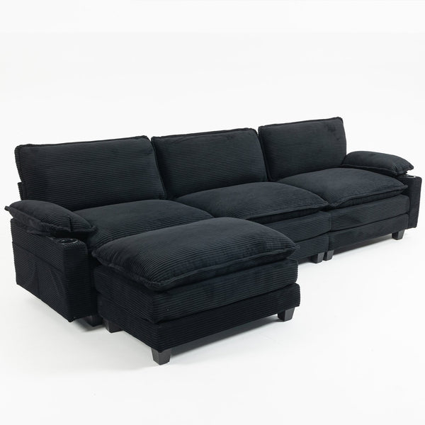 English Elm 113" Modern 3+1 L-Shaped Corduroy Sofa with Double-Layer Cushions, Cup Holders & Storage Bags Black W2715S00006