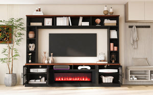English Elm U-can Modern Farmhouse Wall Unit with Electric Fireplace Bookshelves and Glass Cabinet Doors Black+Brown SJ000153AAAB