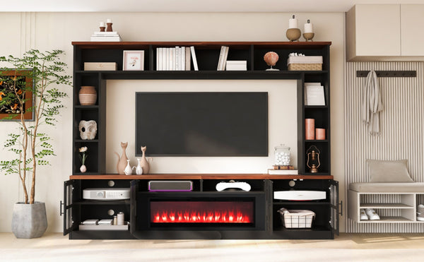 English Elm U-can Modern Farmhouse Wall Unit with Electric Fireplace Bookshelves and Glass Cabinet Doors Black+Brown SJ000153AAAB