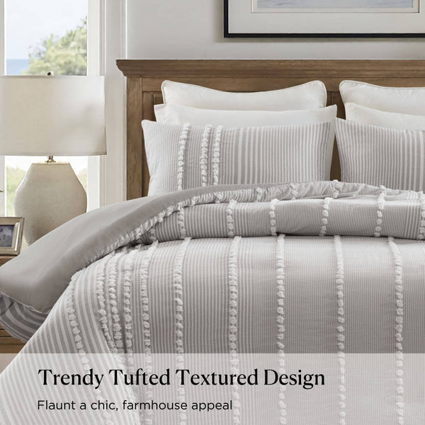 English Elm 3-piece Cotton Yarn Dyed Duvet Cover Set with Jacquard Pompom Stripe Bedding Grey B035P482894