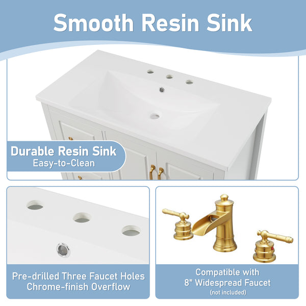 English Elm Christopher Knight Home® - 36" Freestanding Bathroom Vanity with Resin Sink, Soft-Close Doors & Drawers, Gold Alloy Handles, Spacious Storage and Easy Plumbing Access White N759P292552K