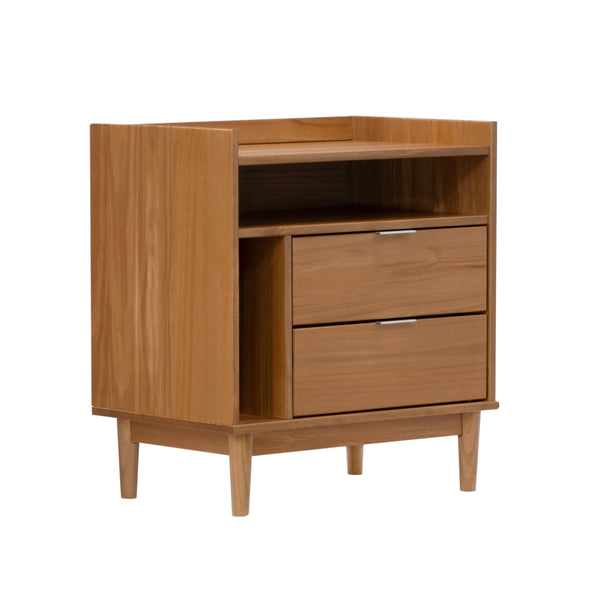 English Elm Walker Edison - Mid-Century Solid Pine 2-Drawer Gallery Nightstand with Tray Top, Open Cubby & Metal Pulls Caramel 28 L x 21 W x 7 H B185P168987
